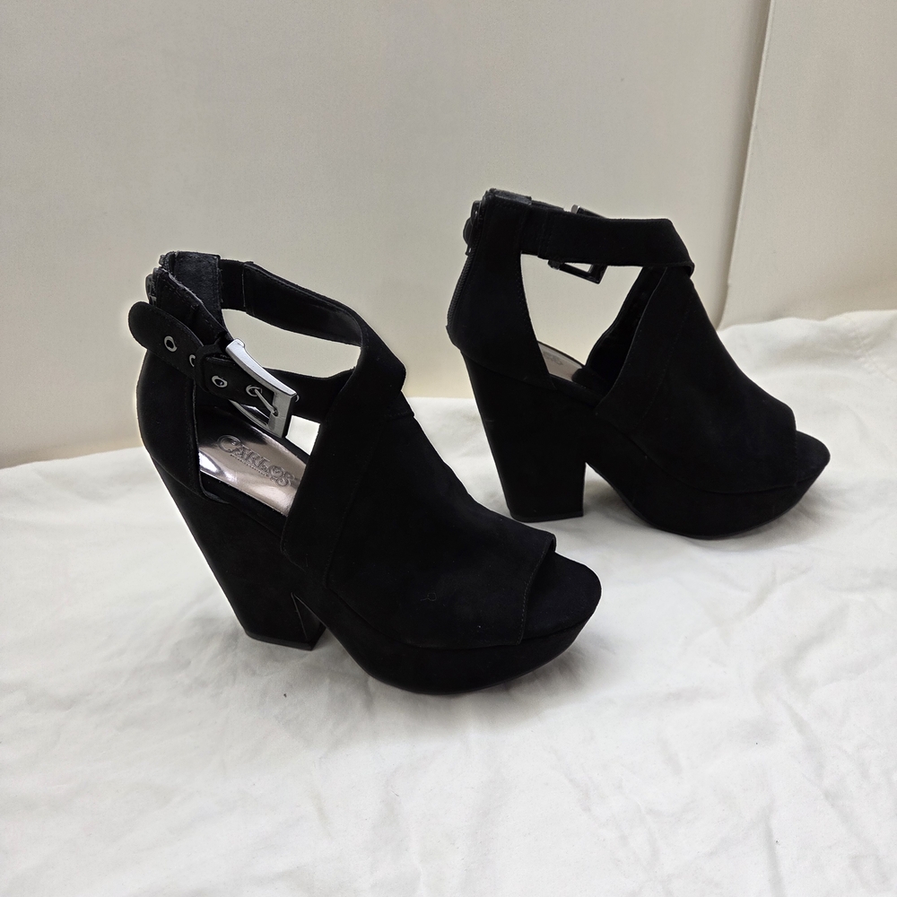 Carlos by Carlos Santana Black Suede Chunky Open Toe Heels | Size 6 | 4” Heel - Picture 3 of 13